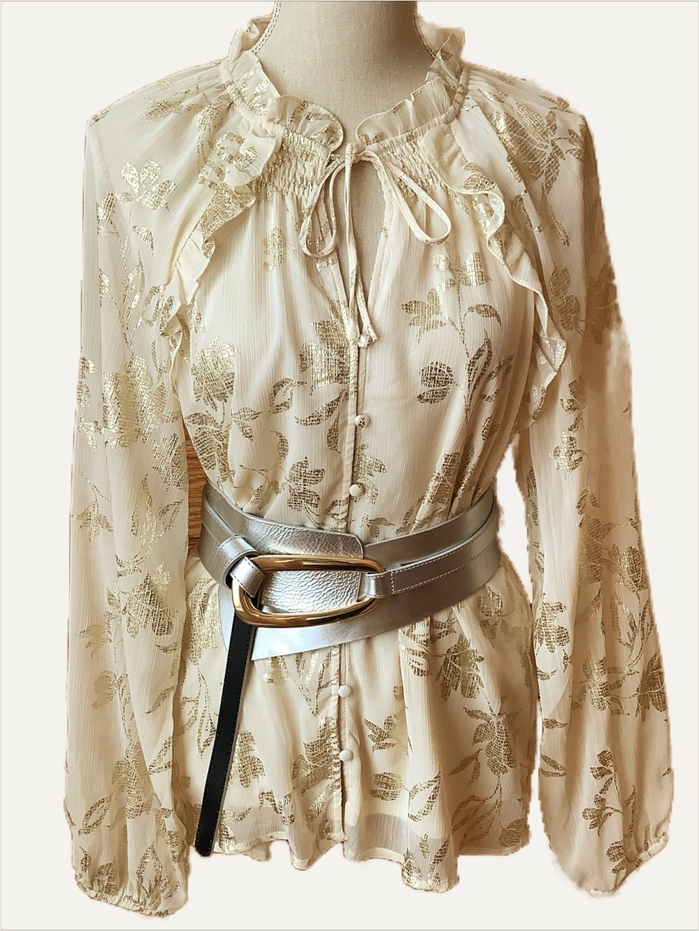 Haver & Blair Cream Gold Foil Floral Sheer Ruffle Tie Neck Blouse Size L